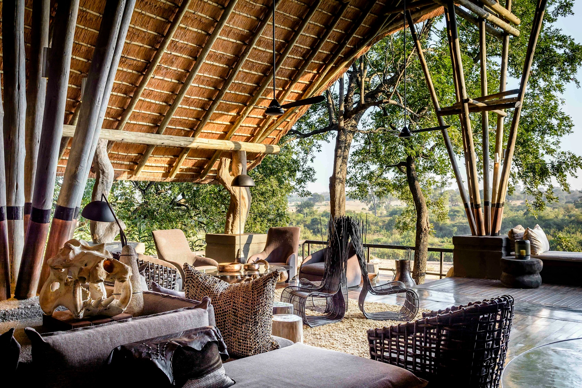 Singita Kwitonda Lodge main lounge overlooking the volcanic landscape of Rwanda