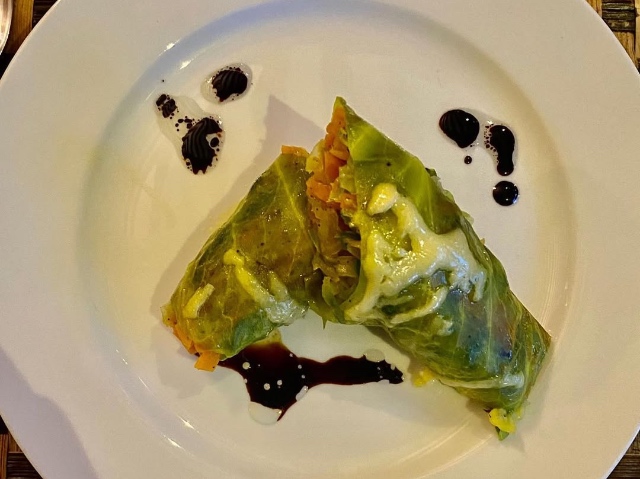 Fine dining dish at Four Gorillas Lodge made with fresh, locally sourced ingredients