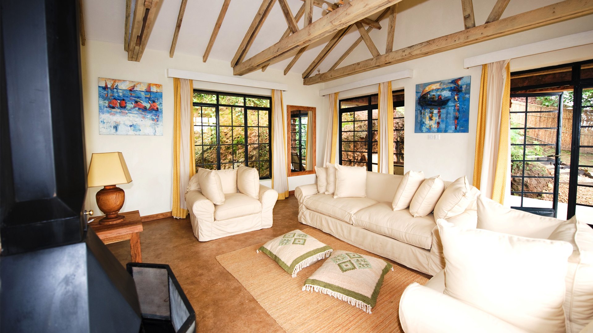 Fireplace lounge at Clouds Mountain Gorilla Lodge Bwindi