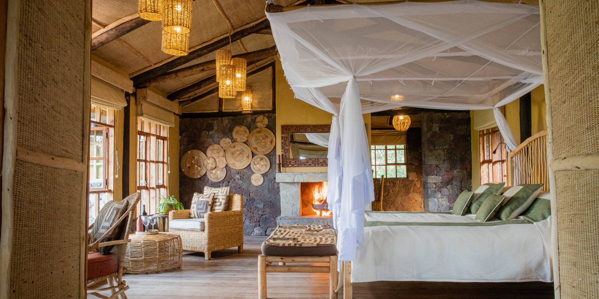 Luxury bedroom at Mount Gahinga Lodge in Mgahinga Gorilla National Park Uganda