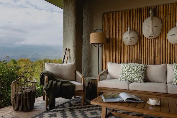 Sabyinyo Silverback Lodge main area with views of the Virunga volcanoes in Rwanda